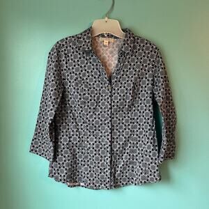 Dana Buchman Floral Button Down Womens Shrit Size Medium Blue Teal and White